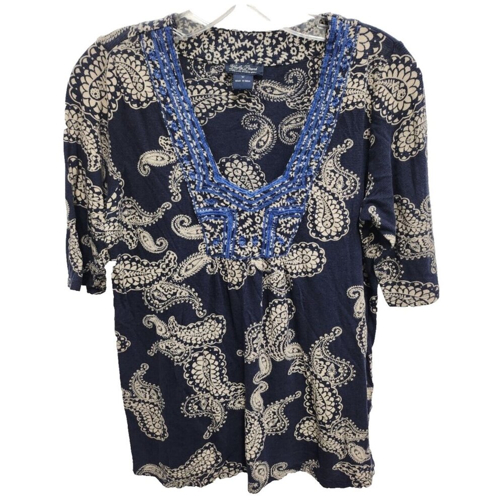 Lucky Brand Womens BOHO Top Medium Navy Paisley Embroidered Short Sleeve Casual
